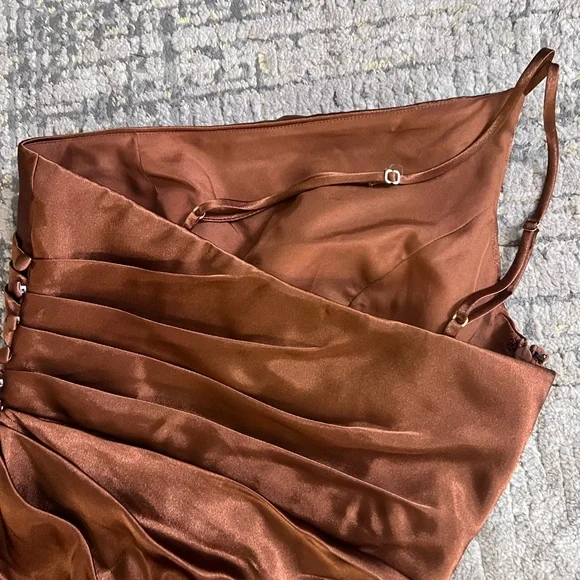 Galina Signature Charmeause Draped One-Shoulder Dress | Tawny Color | Size 0 - Picture 7 of 9